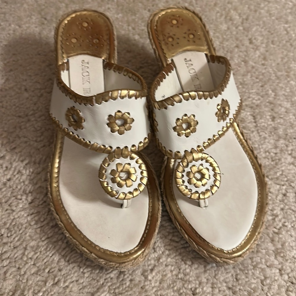 Jack Rogers White and Gold Leather Thong Sandals